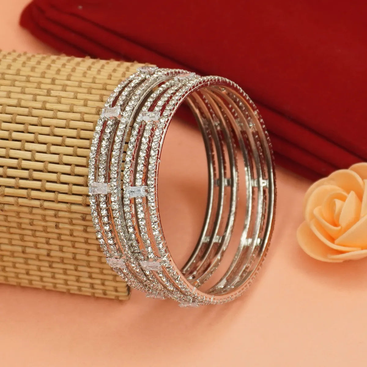 0 Rodium-Plated Stone-Studded Bangles Set of 2 for Wedding & Festive Wear
