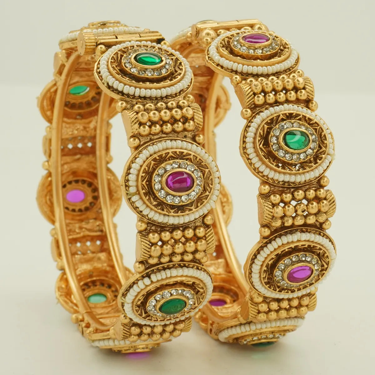 Antique Gold Plated Green and Pink Stone Heavy Bridal Bangle Set for Women