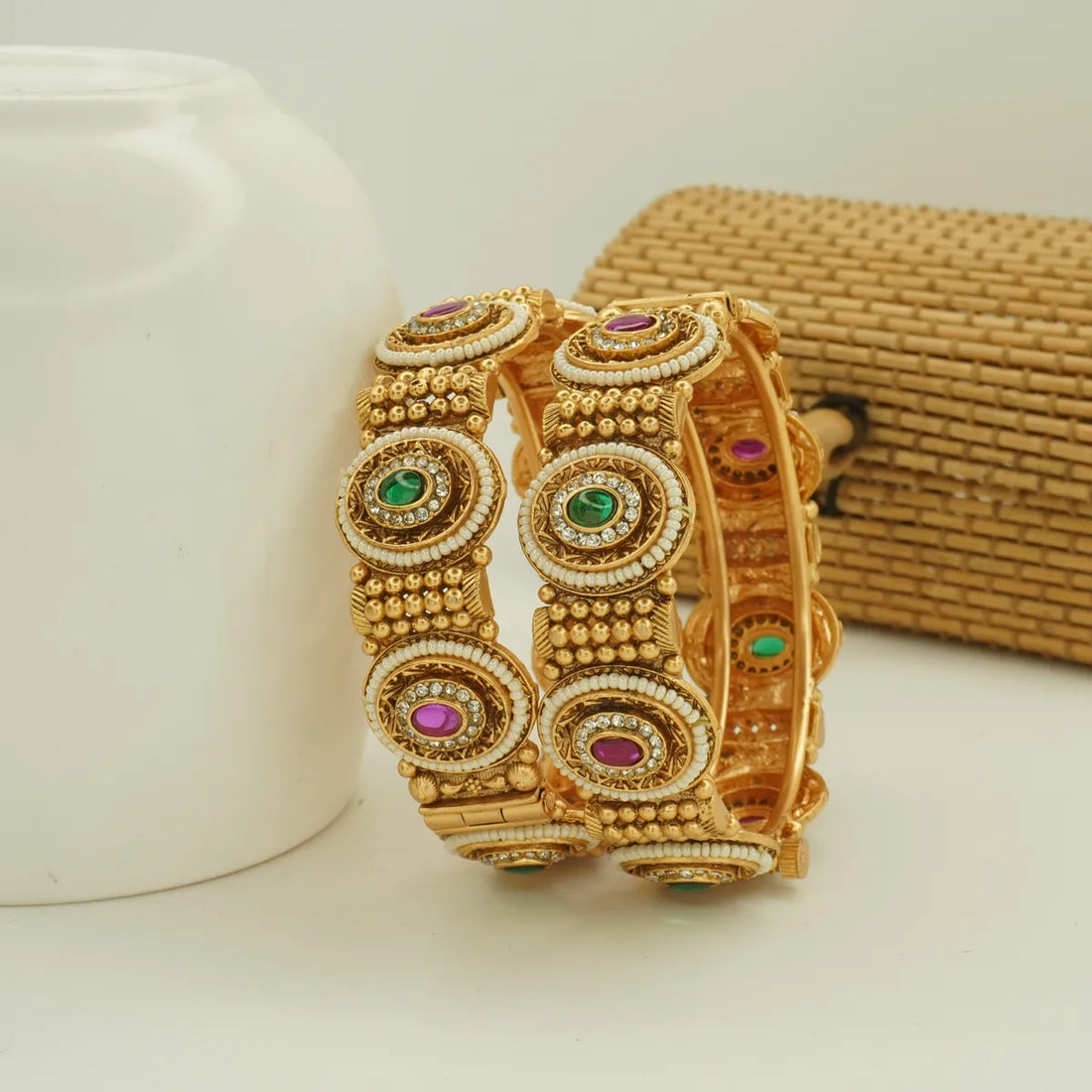 Antique Gold Plated Green and Pink Stone Heavy Bridal Bangle Set for Women