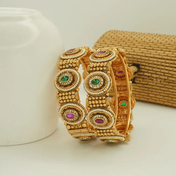 Antique Gold Plated Green and Pink Stone Heavy Bridal Bangle Set for Women