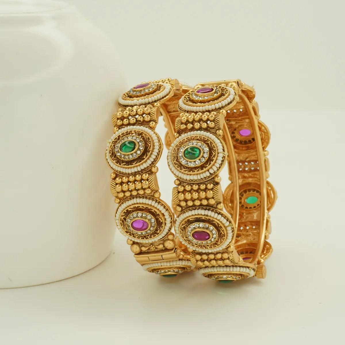 Antique Gold Plated Green and Pink Stone Heavy Bridal Bangle Set for Women
