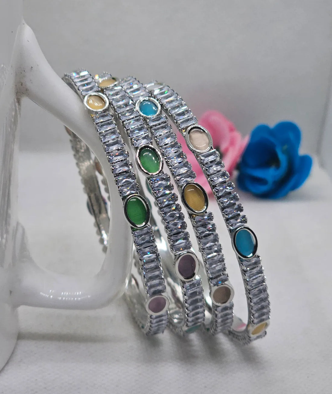 Silver Rodium Plated Antique Colored AD Bangles 4 Pieces Set  Plated Antique Colored AD Bangles 4 Pieces Set