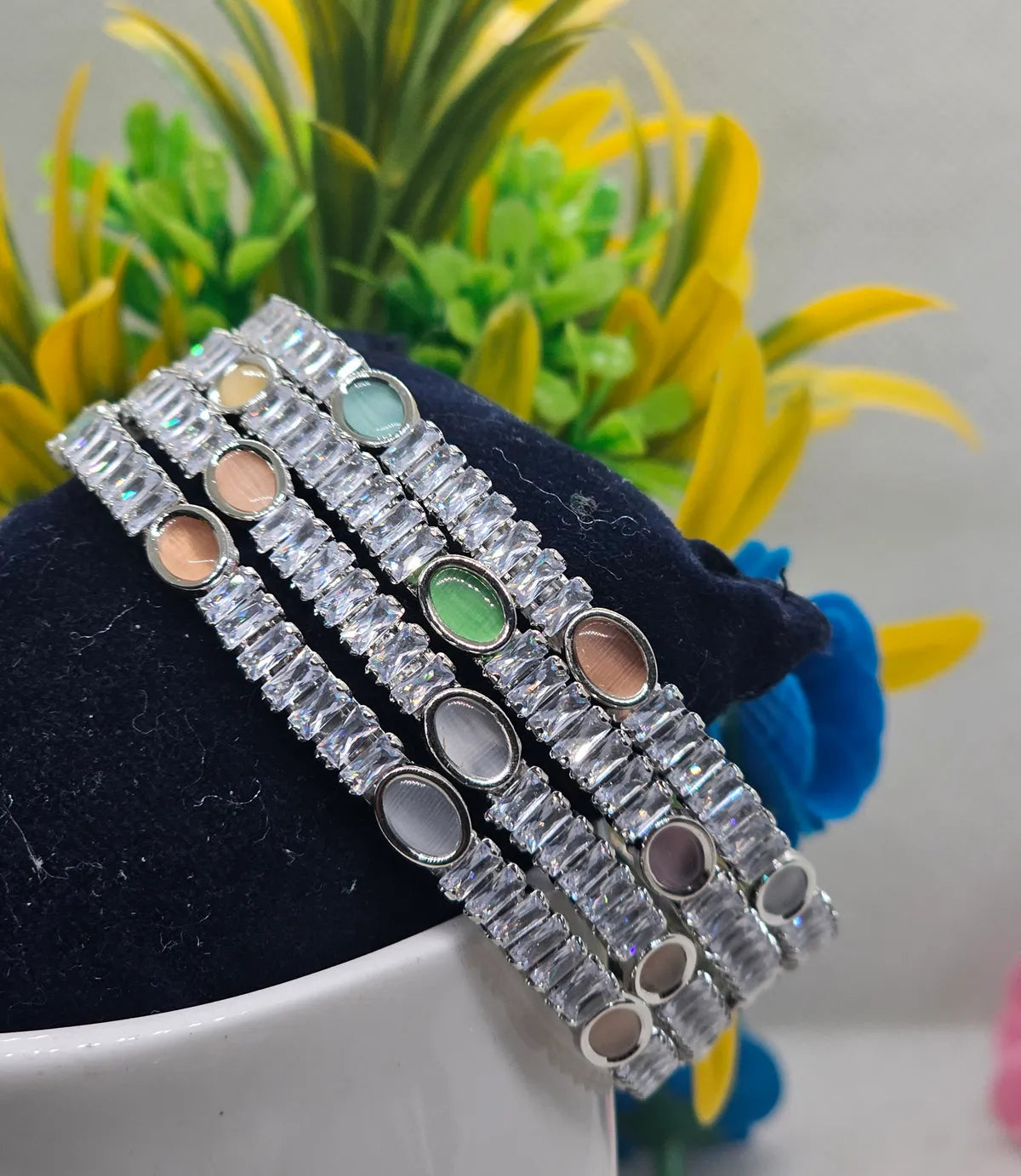 Silver Rodium Plated Antique Colored AD Bangles 4 Pieces Set  Plated Antique Colored AD Bangles 4 Pieces Set