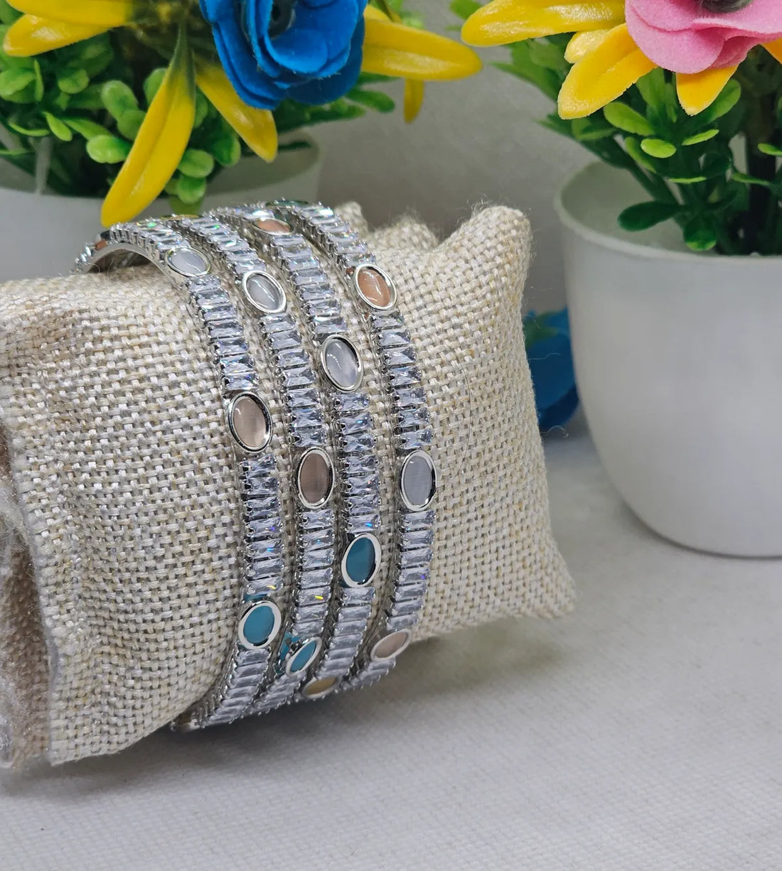 Silver Rodium Plated Antique Colored AD Bangles 4 Pieces Set  Plated Antique Colored AD Bangles 4 Pieces Set