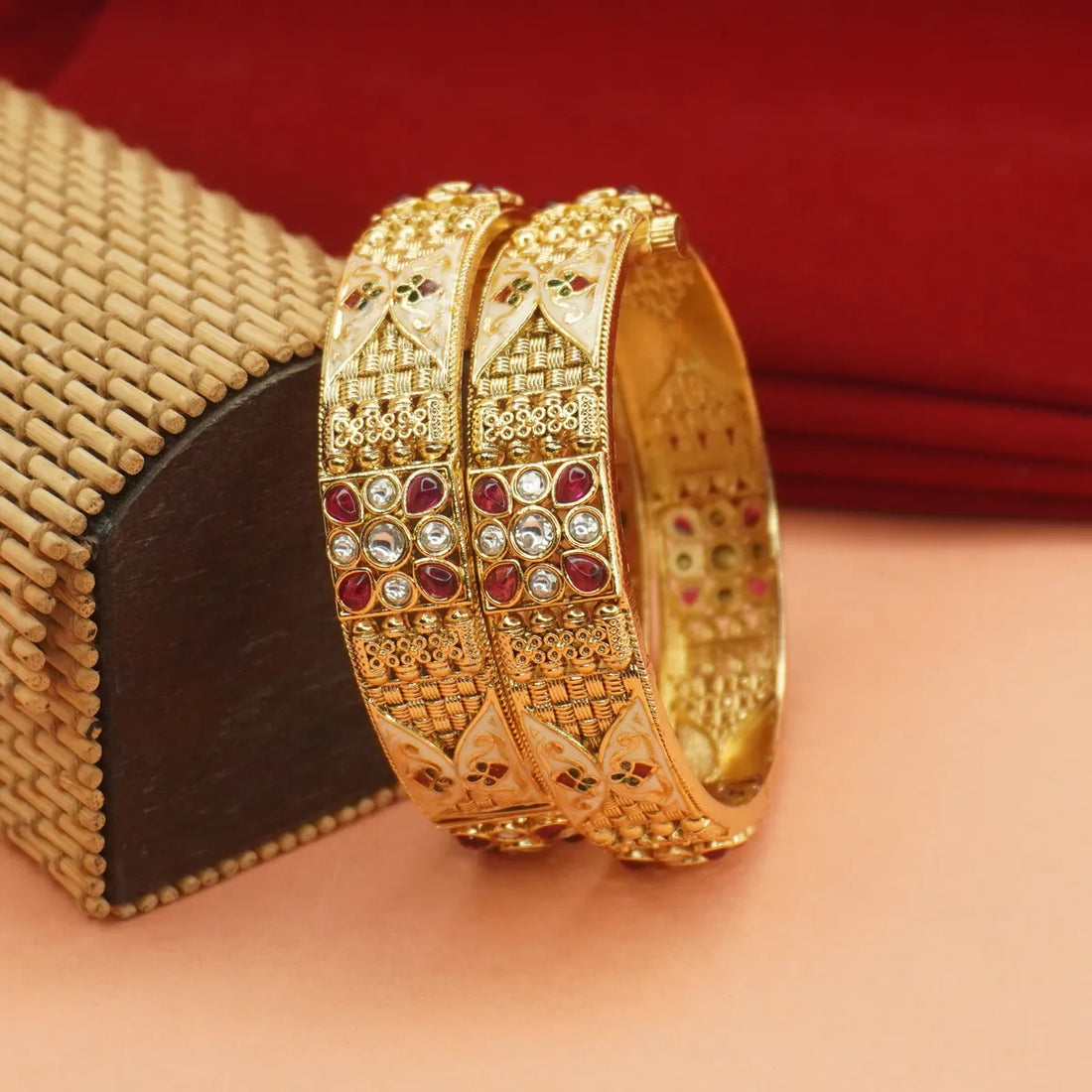 2 Pack of 2 Antique Gold-Plated Stone-Studded Bridal Bangles for Wedding