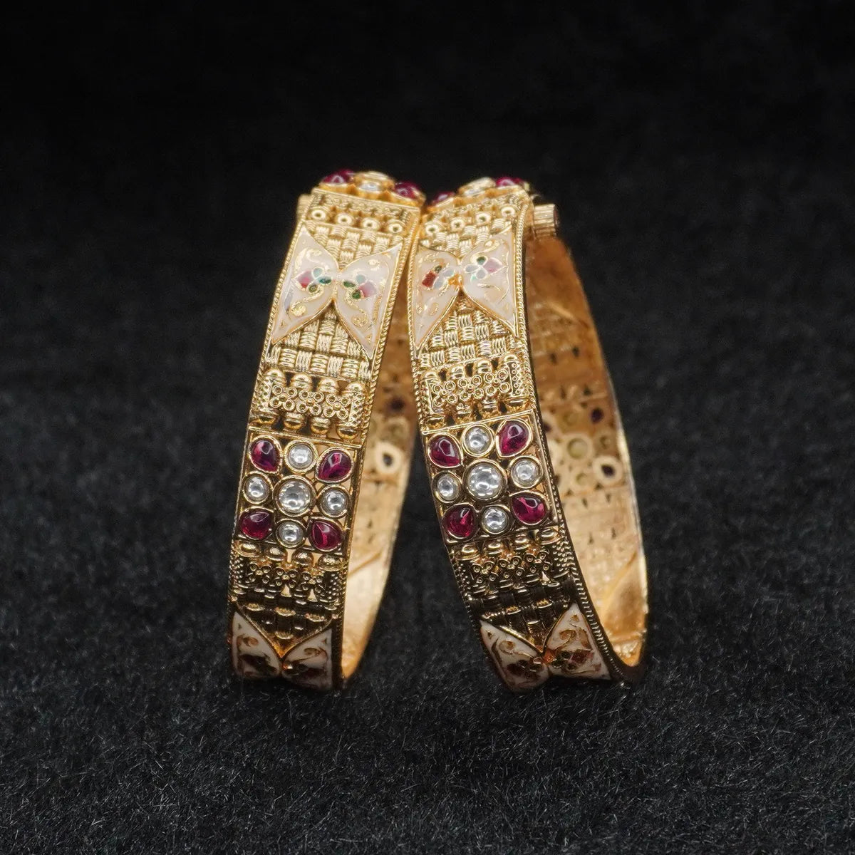 2 Pack of 2 Antique Gold-Plated Stone-Studded Bridal Bangles for Wedding