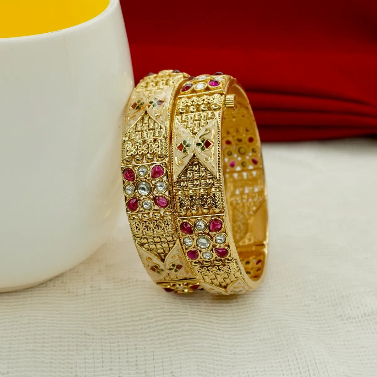 2 Pack of 2 Antique Gold-Plated Stone-Studded Bridal Bangles for Wedding
