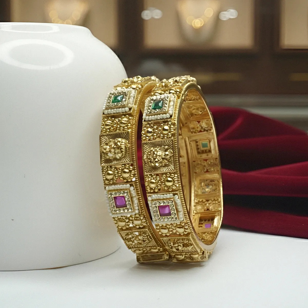 Gold-Plated Antique CZ Ruby & Emerald Studded Traditional Bangles for Women