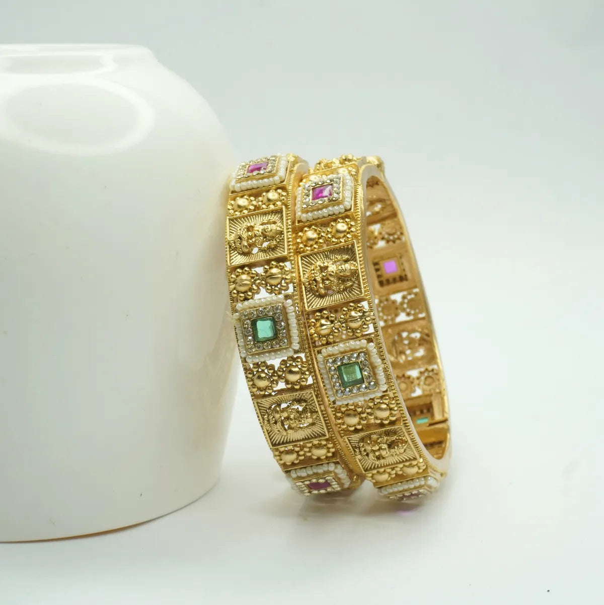 Gold-Plated Antique CZ Ruby & Emerald Studded Traditional Bangles for Women