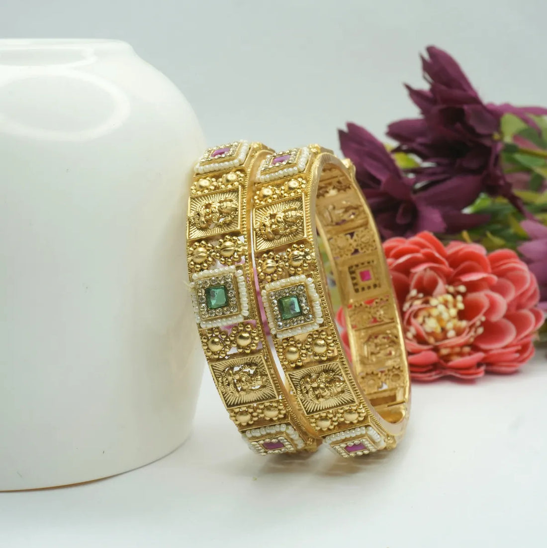 Gold-Plated Antique CZ Ruby & Emerald Studded Traditional Bangles for Women