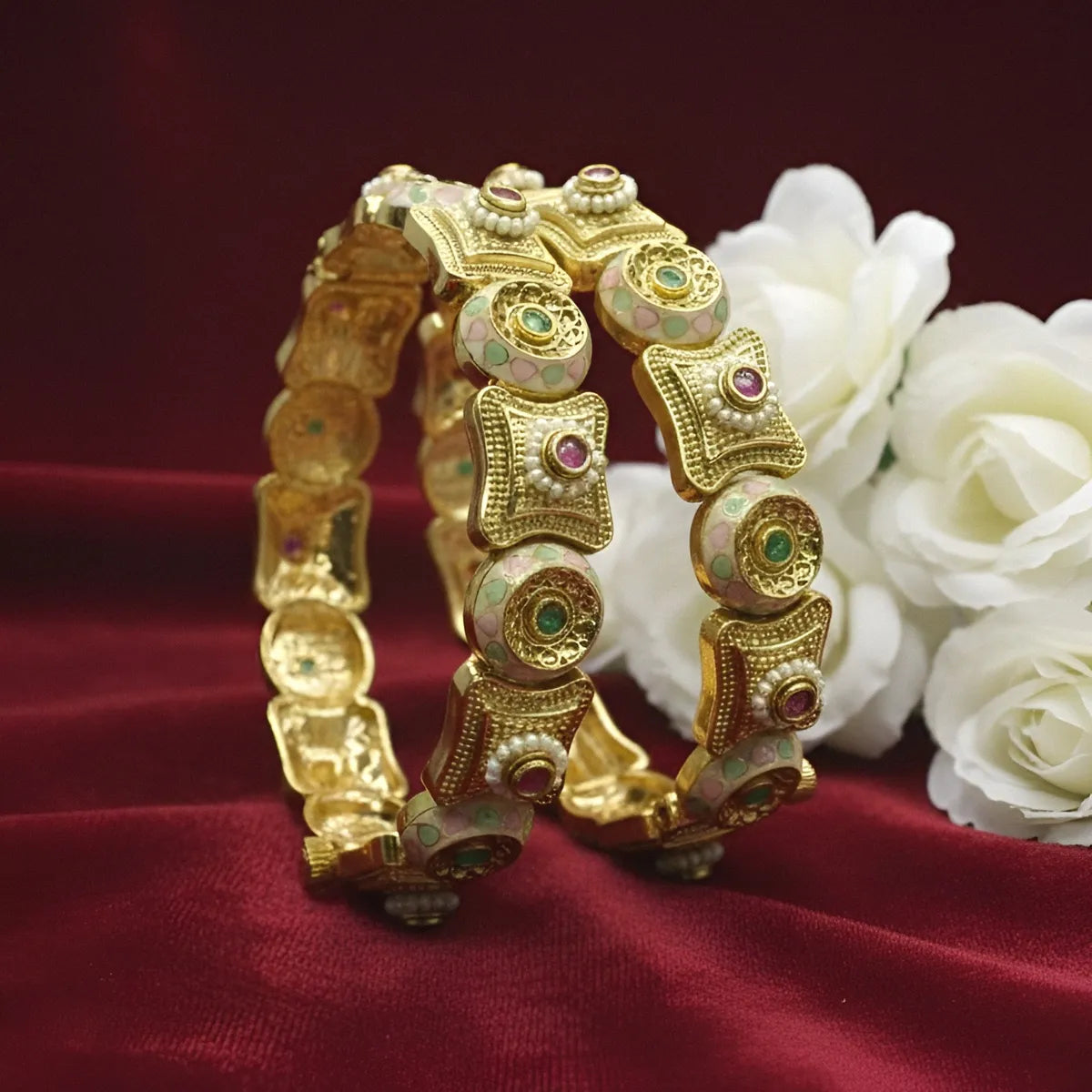 Gold-Plated Enamelled Kundan Green & Pink Stone Antique Bangles for Women