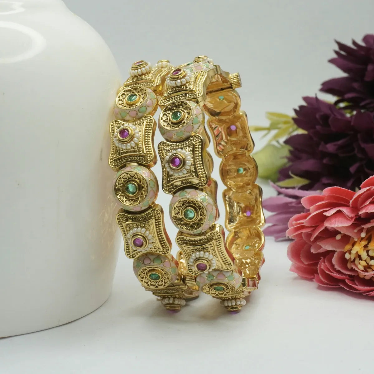 Gold-Plated Enamelled Kundan Green & Pink Stone Antique Bangles for Women