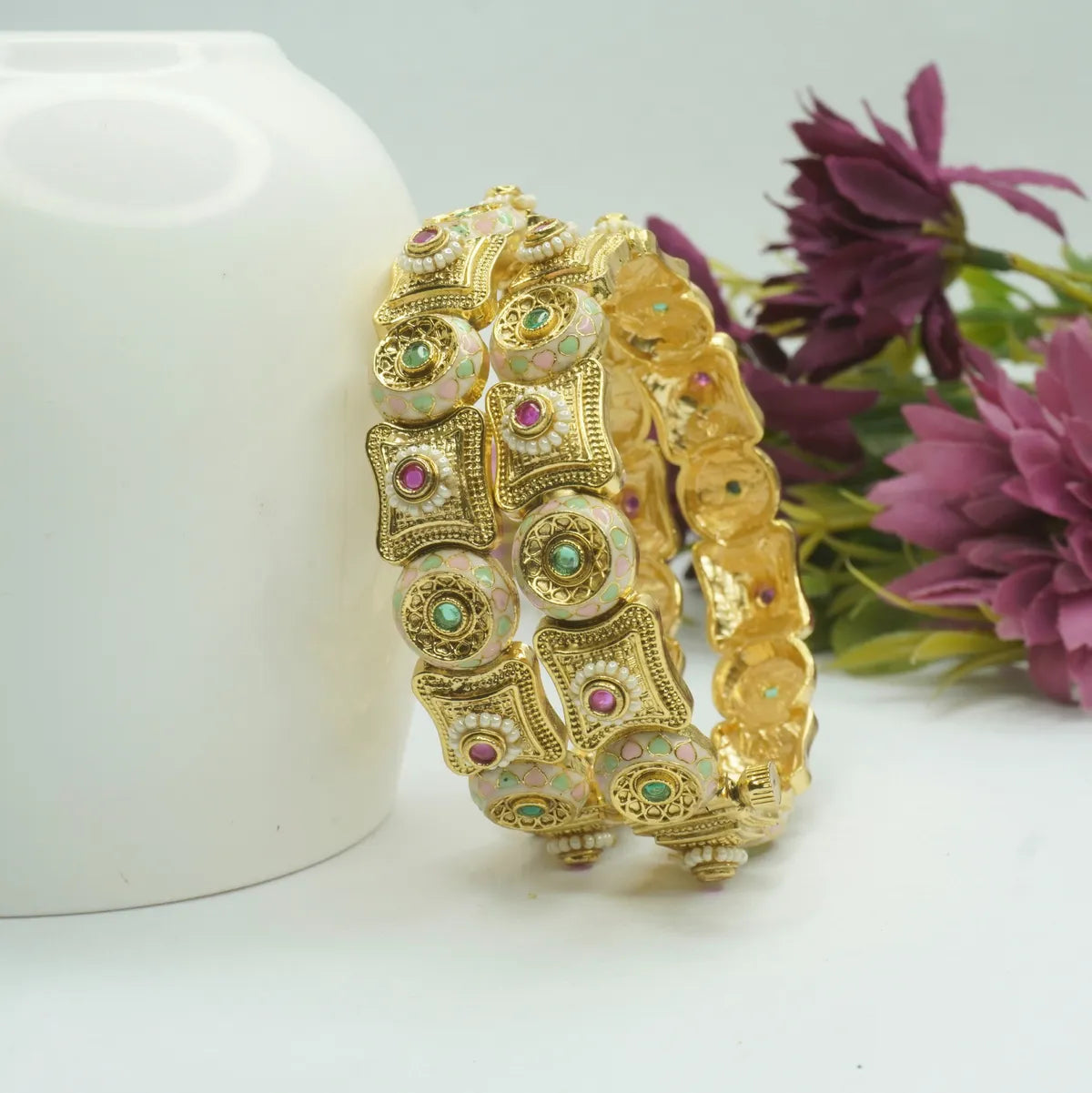 Gold-Plated Enamelled Kundan Green & Pink Stone Antique Bangles for Women