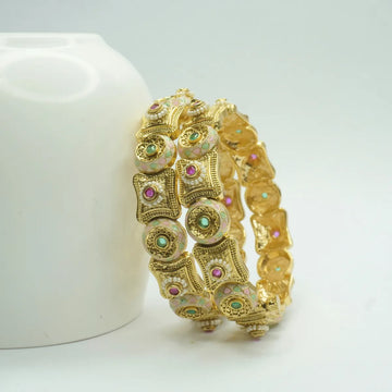 Gold-Plated Enamelled Kundan Green & Pink Stone Antique Bangles for Women