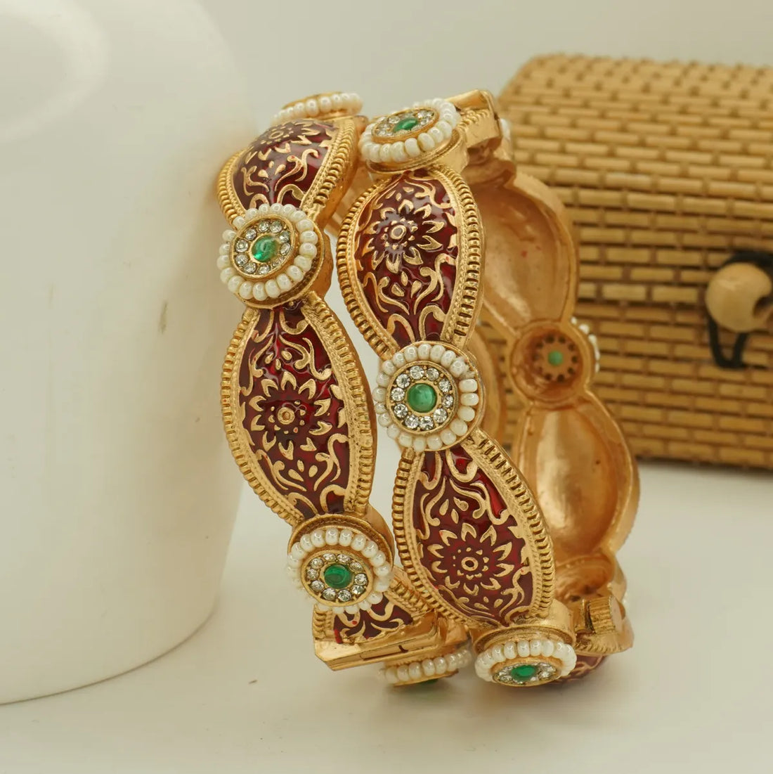 Antique Gold Plated Red Meenakari Green Stone Bridal Bangle Set for Women