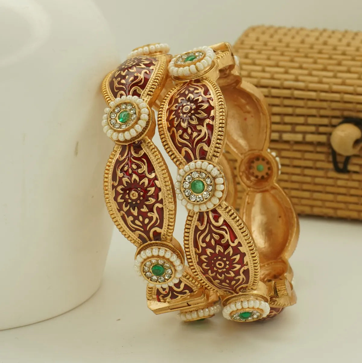 Antique Gold Plated Red Meenakari Green Stone Bridal Bangle Set for Women