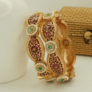 Antique Gold Plated Red Meenakari Green Stone Bridal Bangle Set for Women