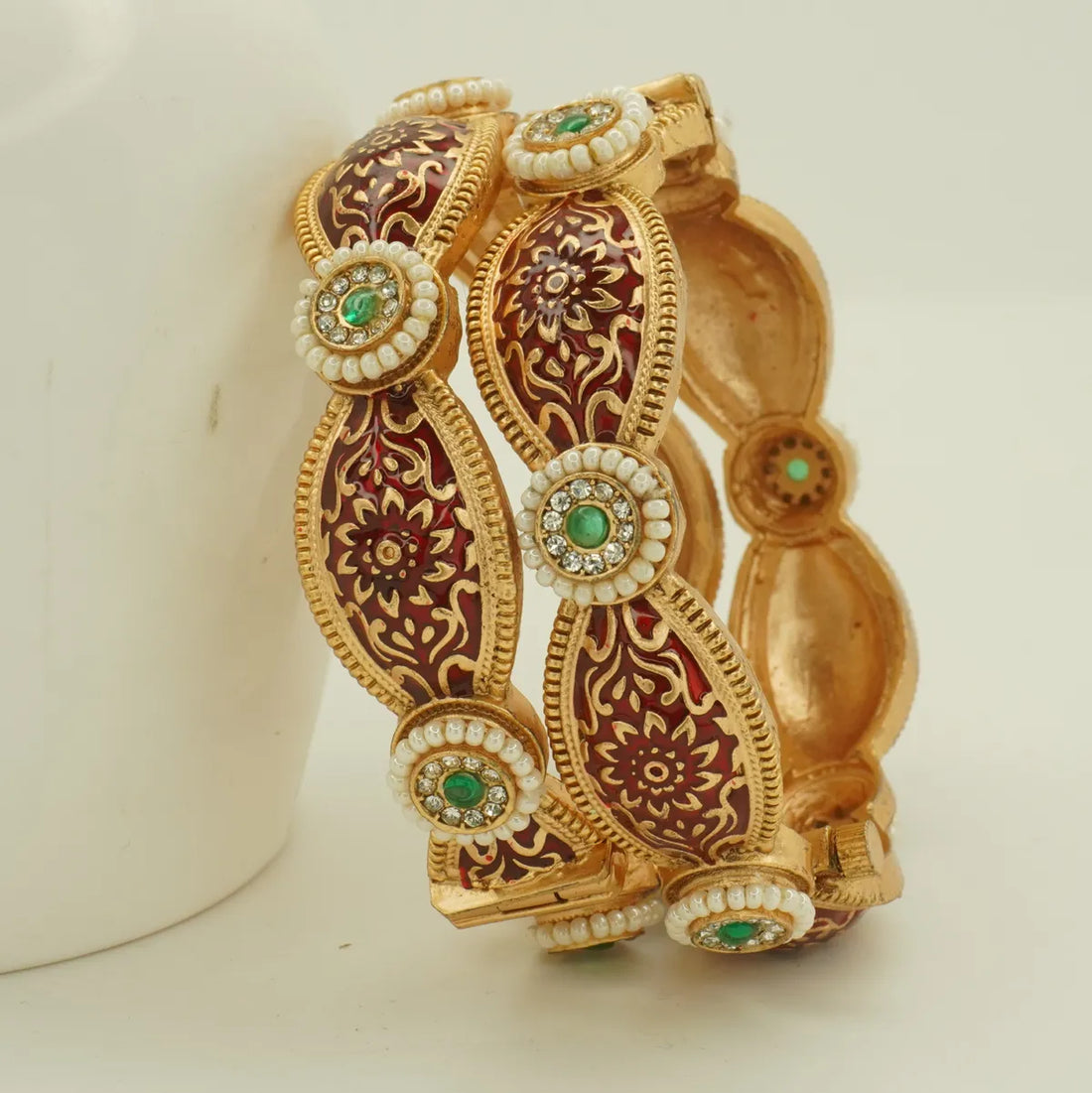 Antique Gold Plated Red Meenakari Green Stone Bridal Bangle Set for Women