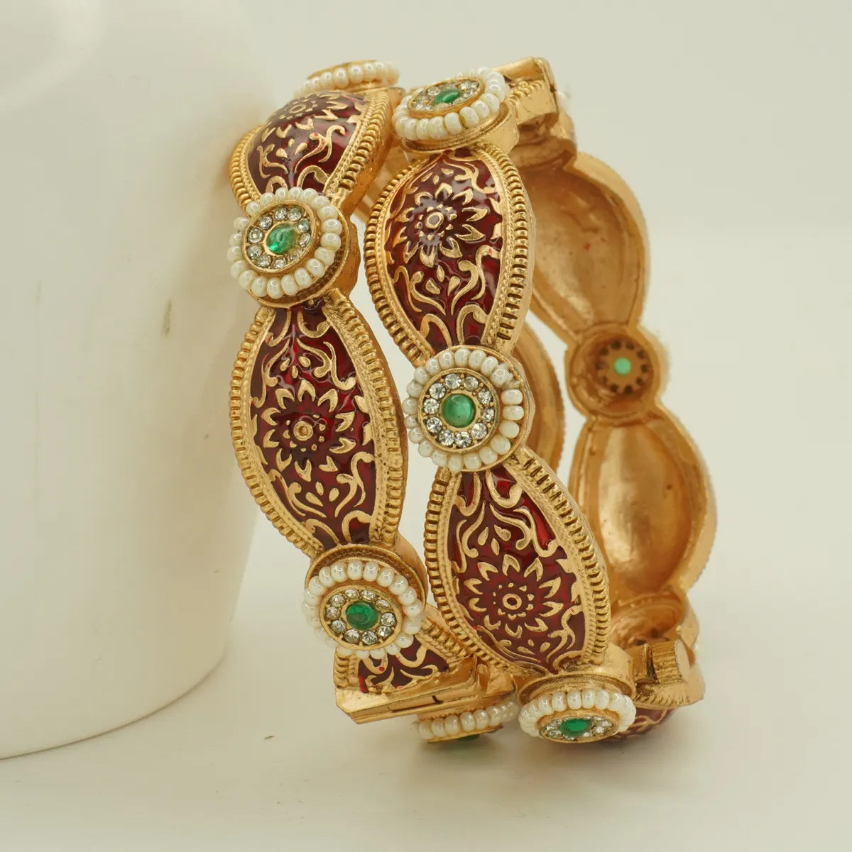 Antique Gold Plated Red Meenakari Green Stone Bridal Bangle Set for Women