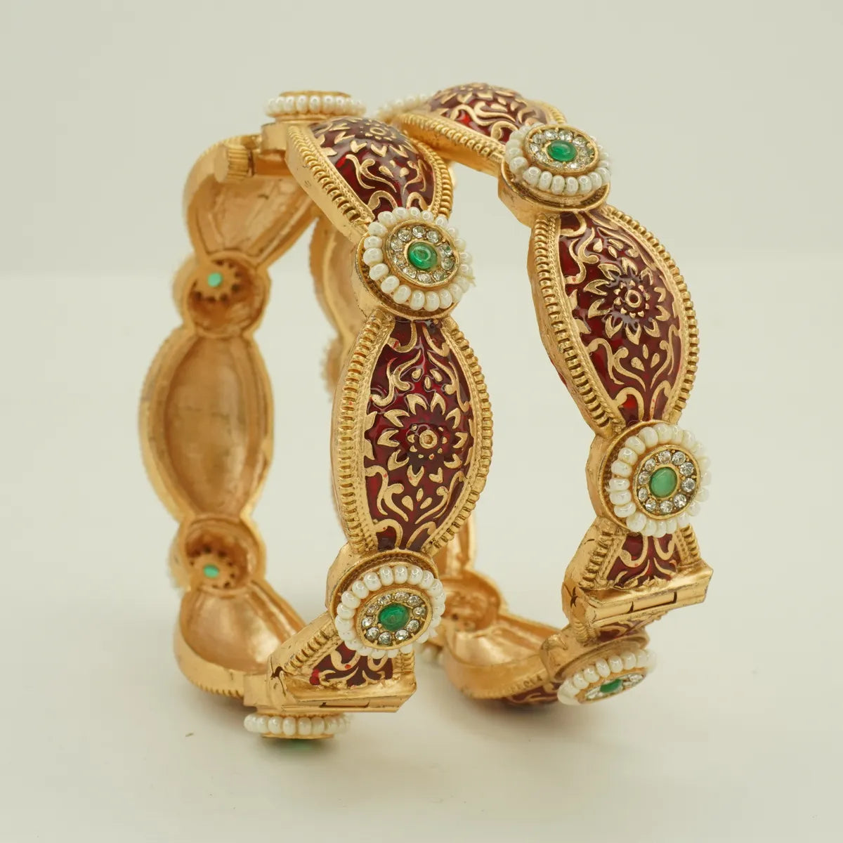 Antique Gold Plated Red Meenakari Green Stone Bridal Bangle Set for Women