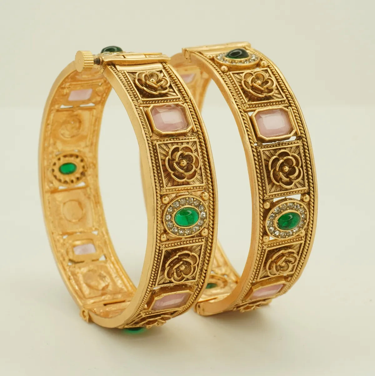 Antique Gold Plated Pink and Green Stone Bridal Bangle Set for Women