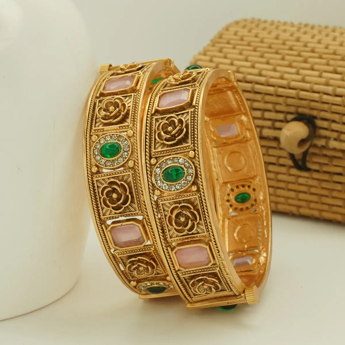 Antique Gold Plated Pink and Green Stone Bridal Bangle Set for Women