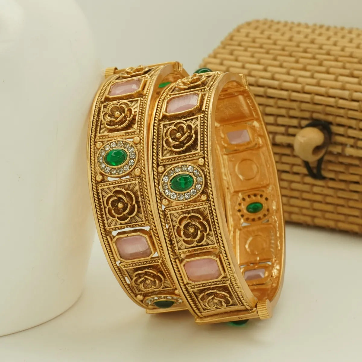 Antique Gold Plated Pink and Green Stone Bridal Bangle Set for Women
