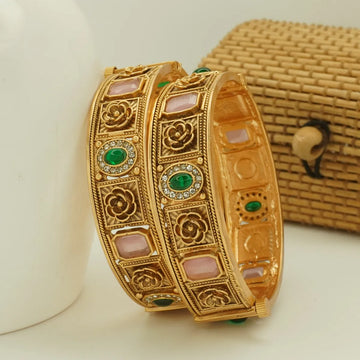 Antique Gold Plated Pink and Green Stone Bridal Bangle Set for Women