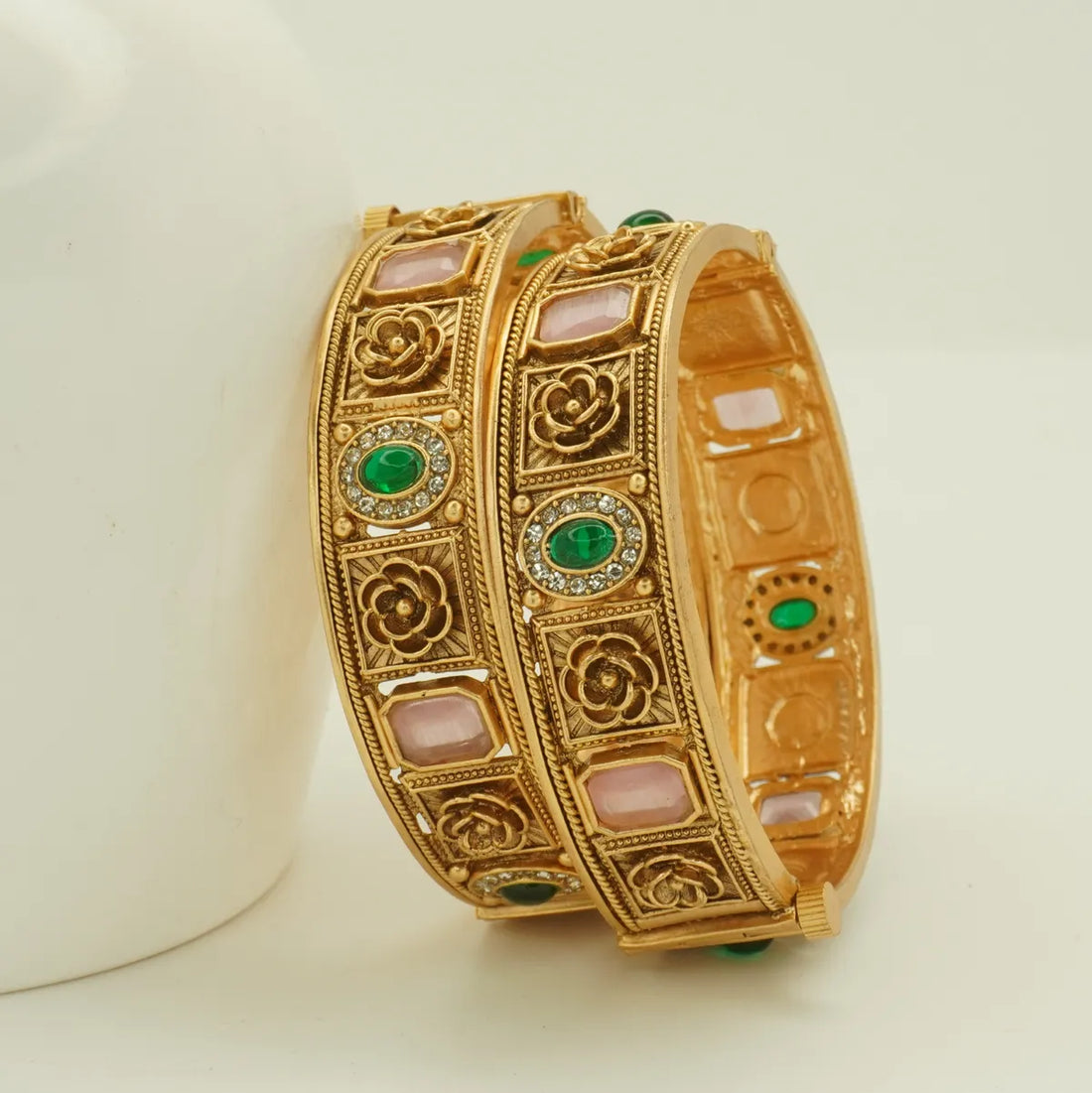Antique Gold Plated Pink and Green Stone Bridal Bangle Set for Women