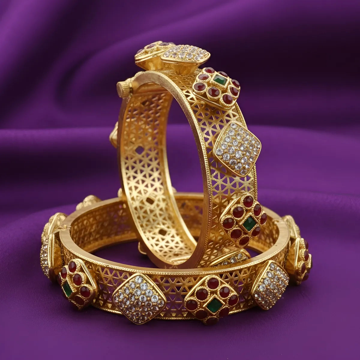 Panini Jewels Gold Plated Ruby Green Stone Studded Designer Bangles Set