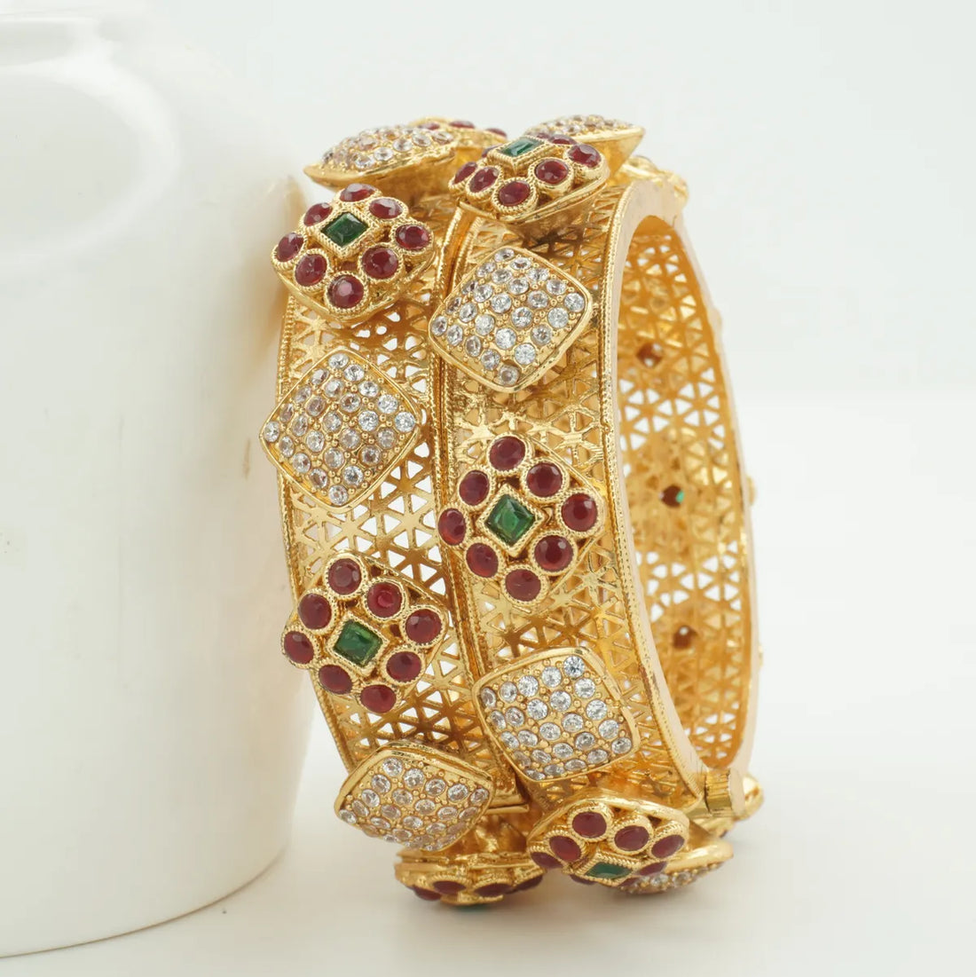 Panini Jewels Gold Plated Ruby Green Stone Studded Designer Bangles Set
