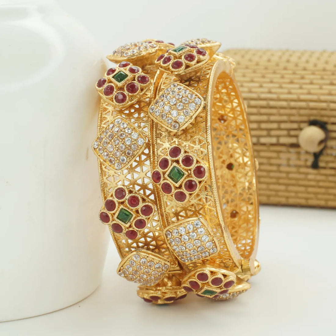 Panini Jewels Gold Plated Ruby Green Stone Studded Designer Bangles Set