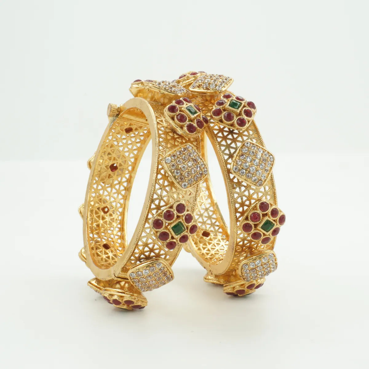 Panini Jewels Gold Plated Ruby Green Stone Studded Designer Bangles Set