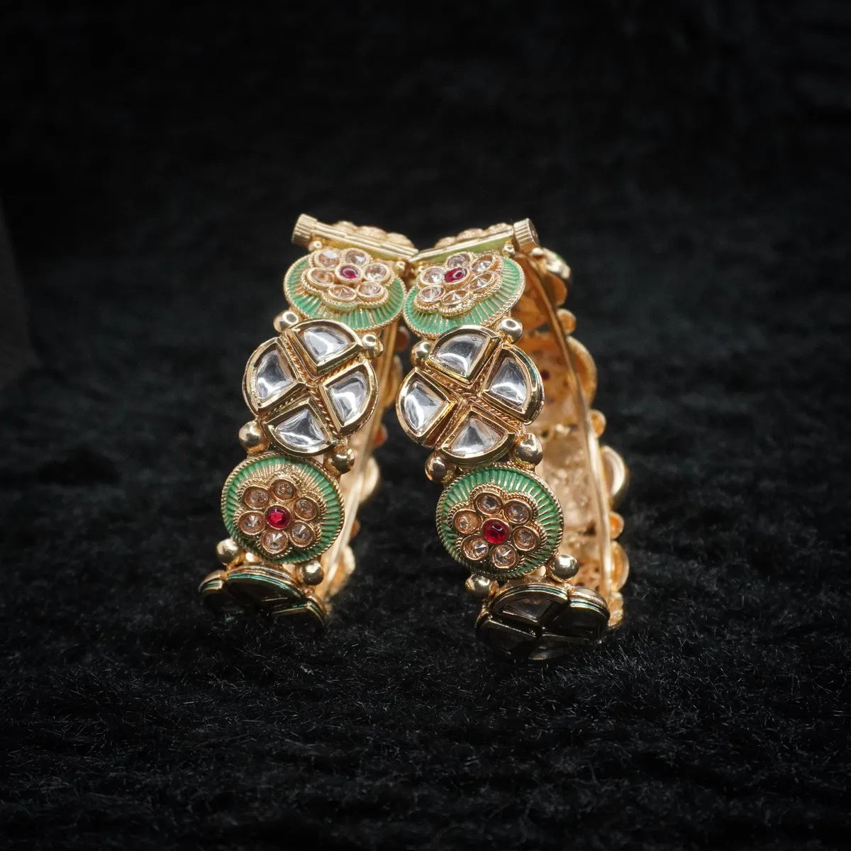 Chuda Style Green Meena with Dabbi Kundan Copper Bangles Set