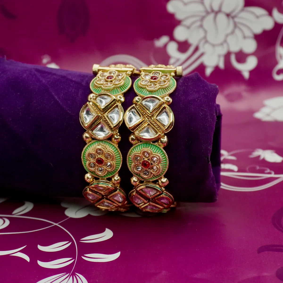 Chuda Style Green Meena with Dabbi Kundan Copper Bangles Set