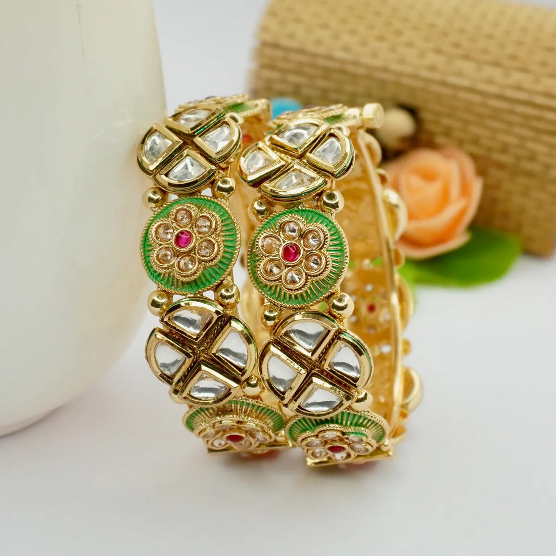 Chuda Style Green Meena with Dabbi Kundan Copper Bangles Set