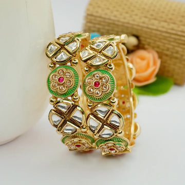 Chuda Style Green Meena with Dabbi Kundan Copper Bangles Set