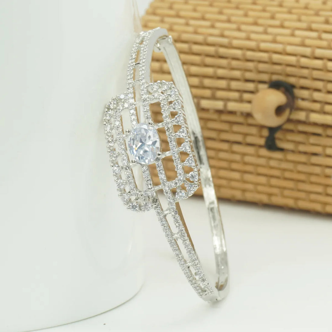 Panini Jewels Silver Plated White Stone Crystal Studded Designer Kada Bangle