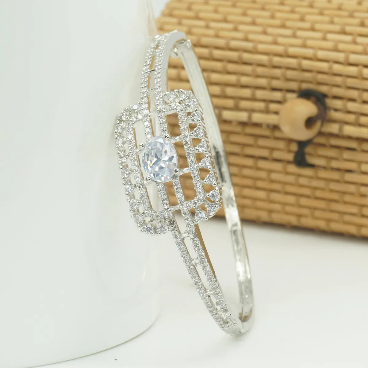Panini Jewels Silver Plated White Stone Crystal Studded Designer Kada Bangle