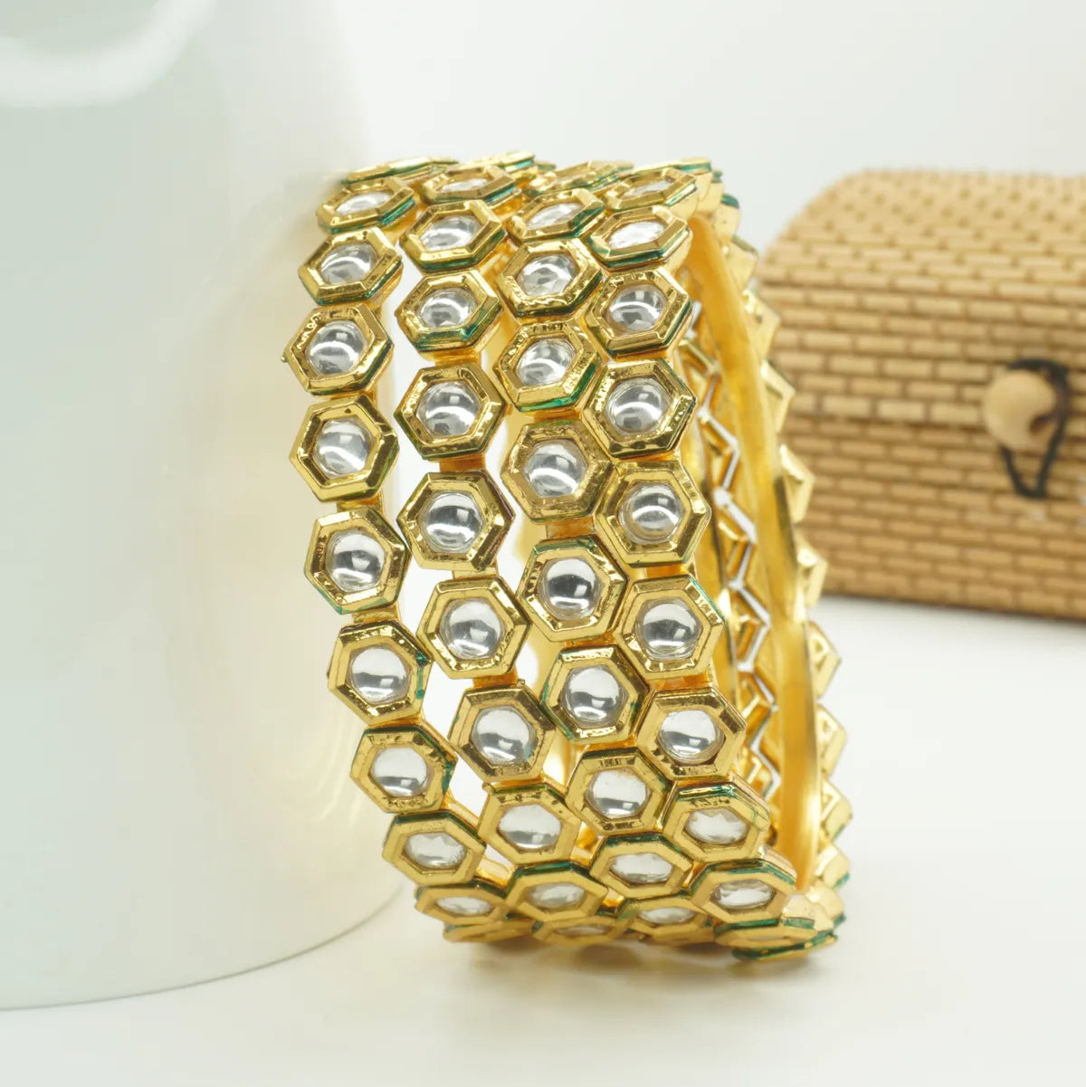 Panini Jewels Gold Plated Hexagon Kundan Studded Traditional Bangles Set