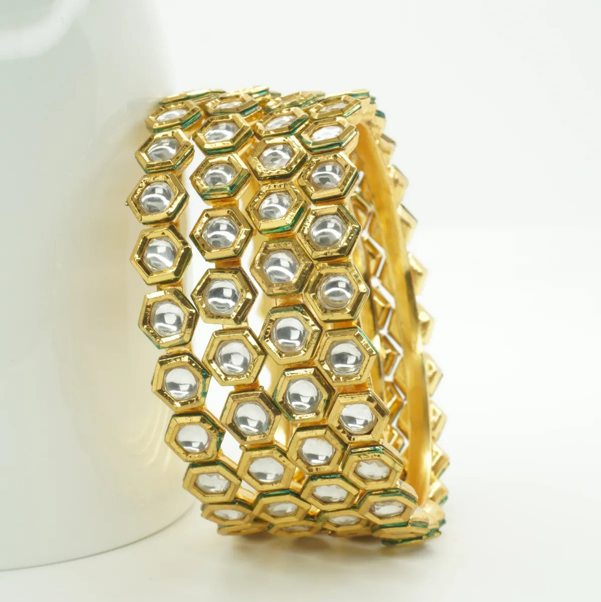 Panini Jewels Gold Plated Hexagon Kundan Studded Traditional Bangles Set