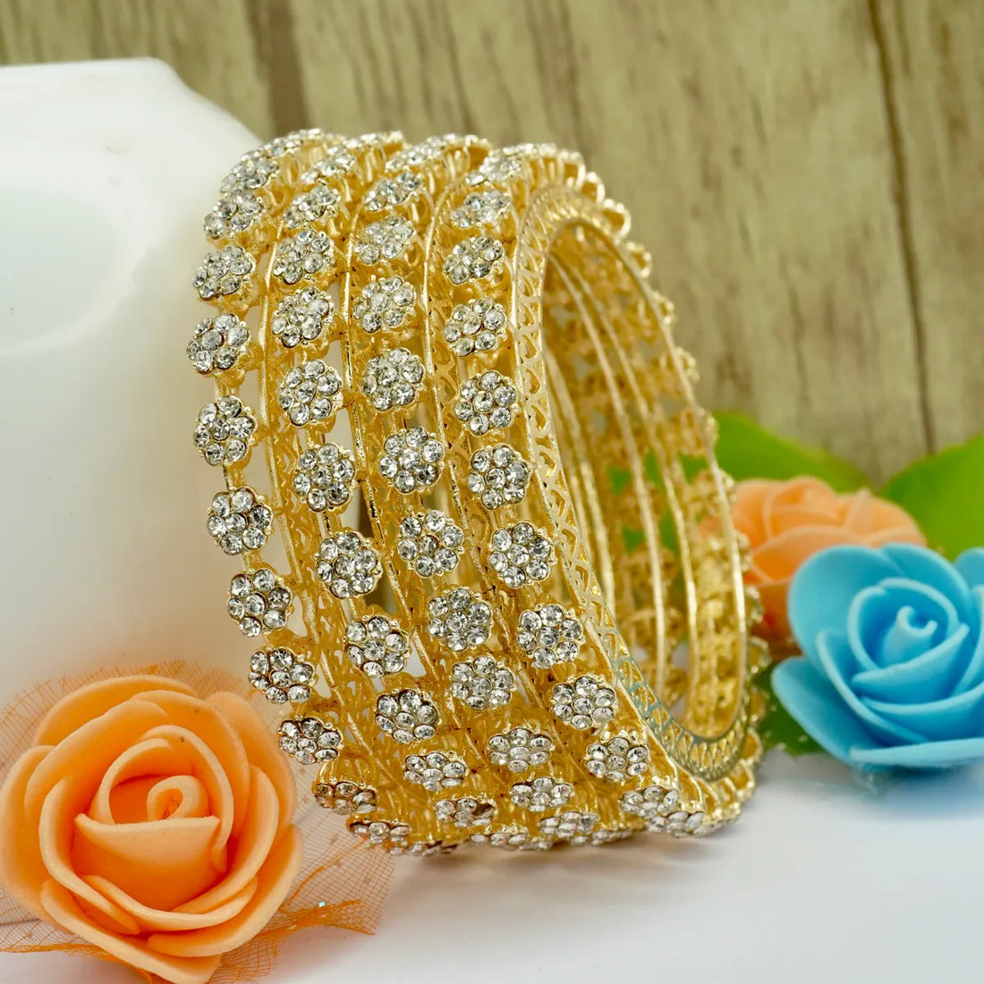 Gold Plated Flower Stone Bangles Set (4 Pieces )