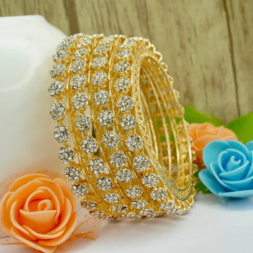 Gold Plated Flower Stone Bangles Set (4 Pieces )