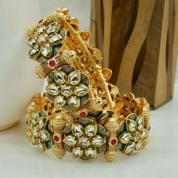 Gold-Plated Kundan Floral Bangle with Green Enamel & Red Stone Accents