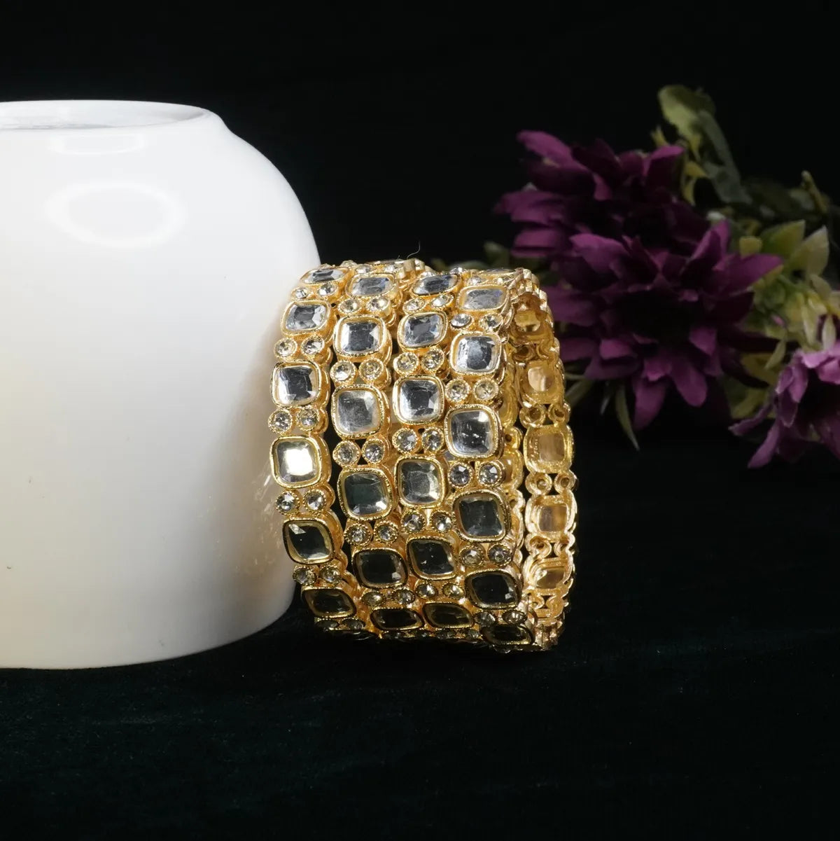 Gold-Plated Multicolour Kundan Mirror Work Broad Designer Bangle for Women