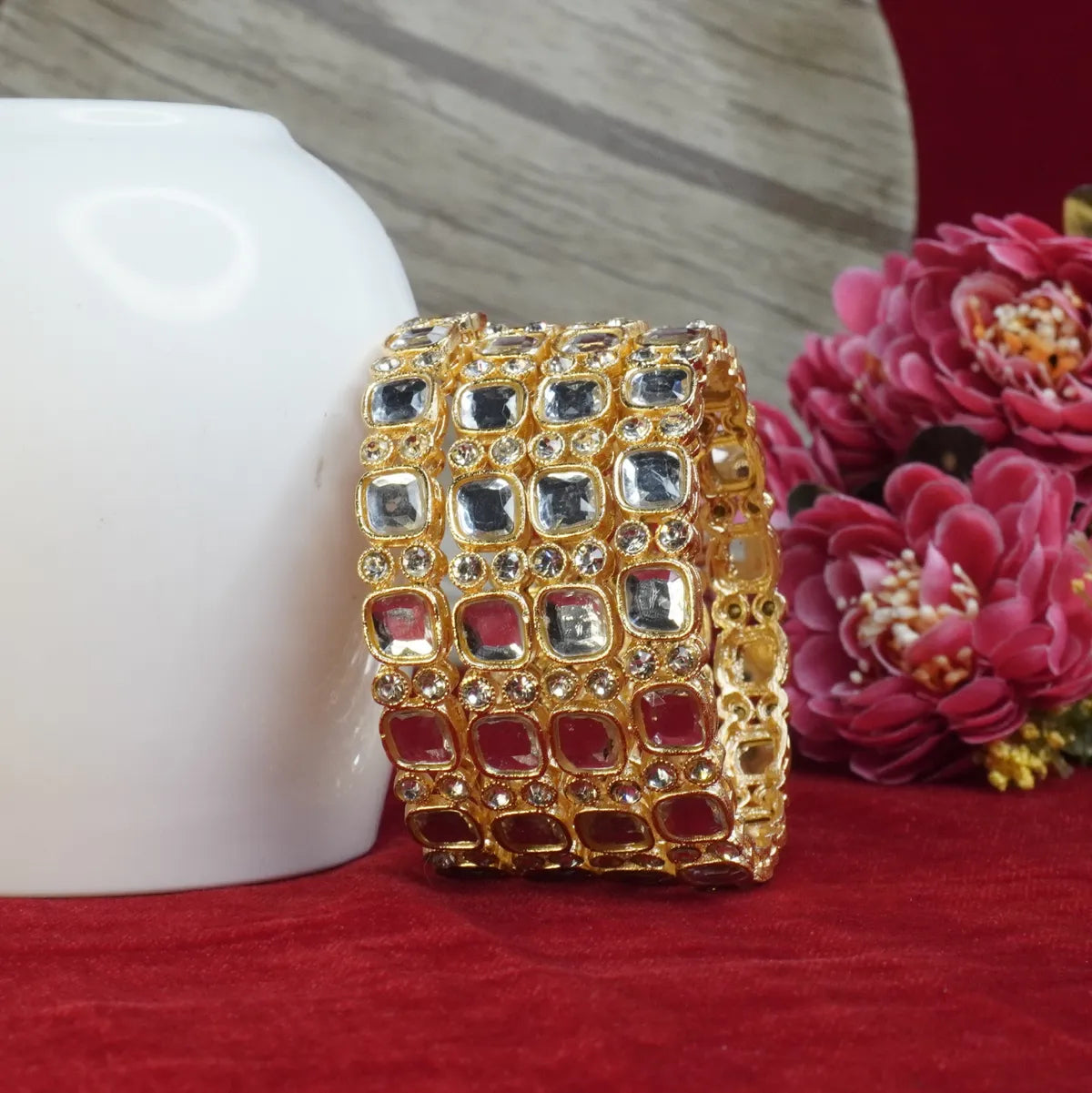Gold-Plated Multicolour Kundan Mirror Work Broad Designer Bangle for Women