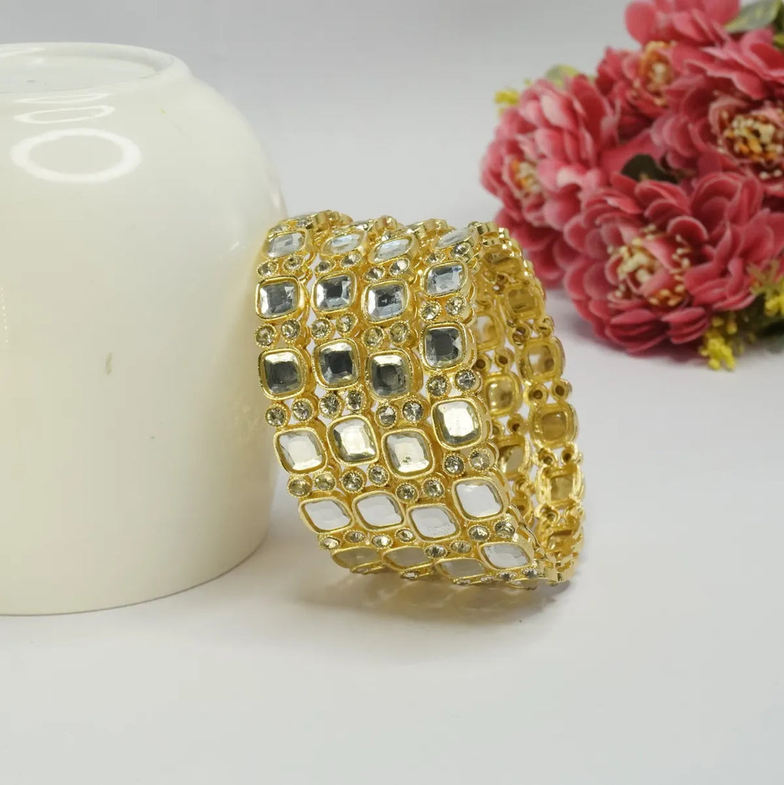 Gold-Plated Multicolour Kundan Mirror Work Broad Designer Bangle for Women