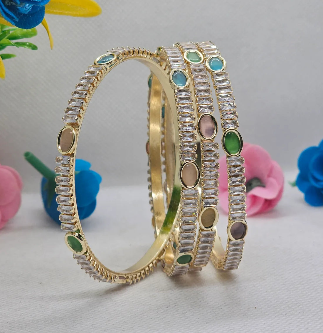 Gold Plated Antique Colored AD Bangles 4 Pieces Set