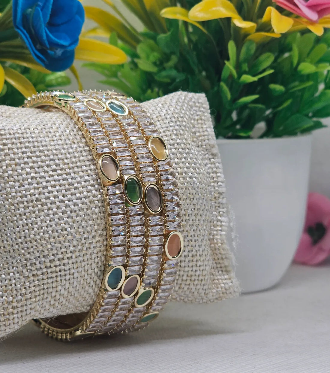 Gold Plated Antique Colored AD Bangles 4 Pieces Set