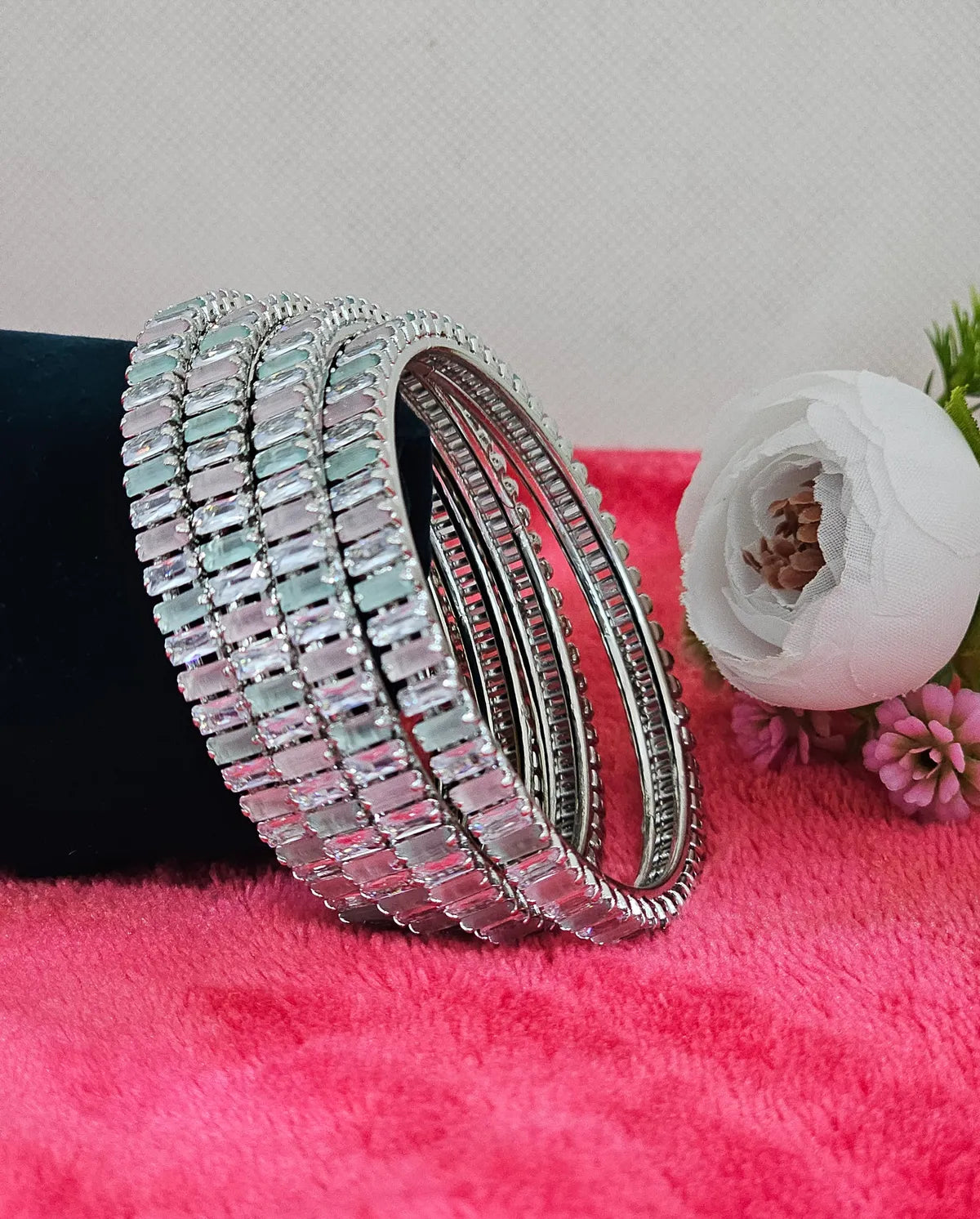 Pastel Multicolour Stone-Studded Rhodium-Plated Bangle Set